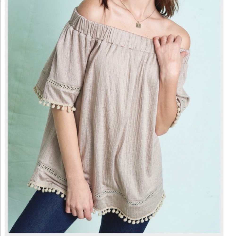 Taupe Pom Pom Off the Shoulder Blouse